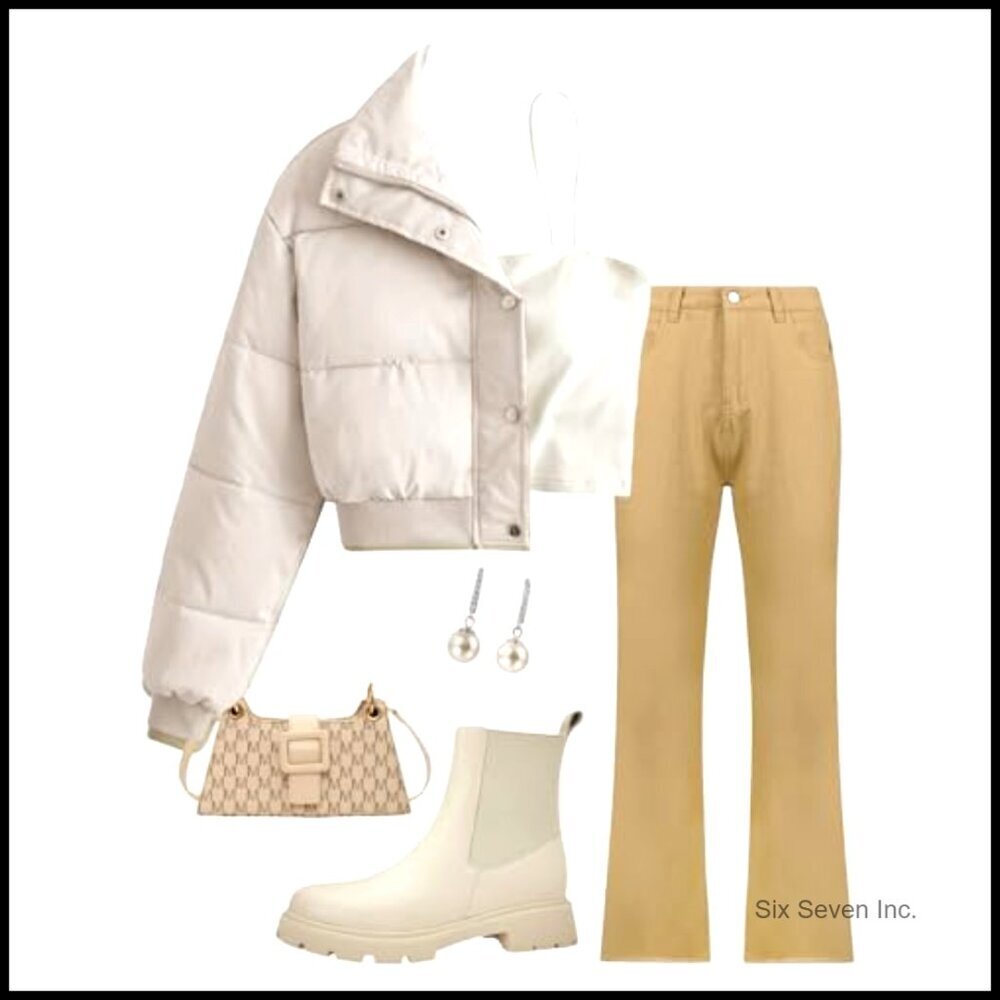 Cropped Puffer Jacket Quilted Lightweight Chic Y2K Winter Outerwear Long Sleeve - Picture 5 of 7